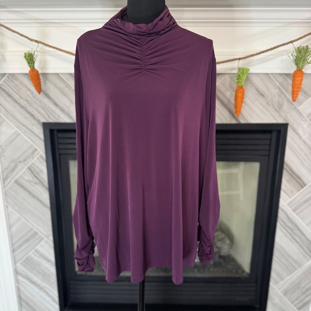 Susan‎ Graver Purple Turtleneck Long Sleeve Ruched Top Blouse 2X